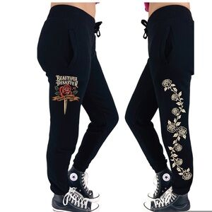 Beautiful Disaster Silent Strength Black Graphic Rose Joggers Size Medium